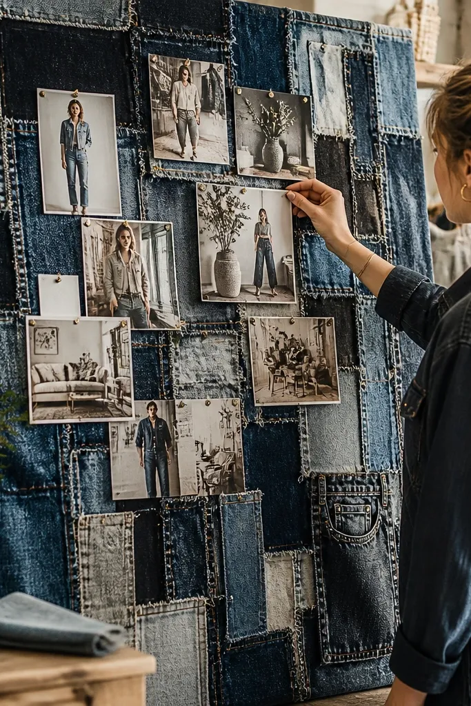 Vision board covered with denim patches and small pinned photos