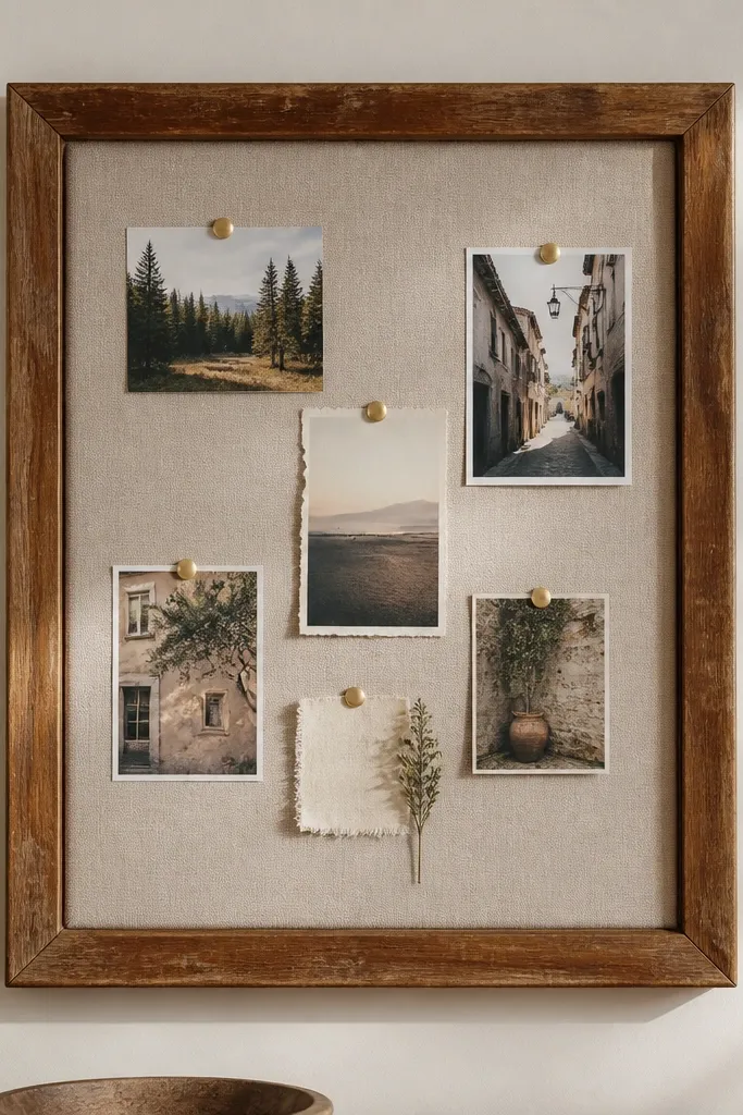 Inside a thrifted frame is a fabric-backed vision board with photos pinned