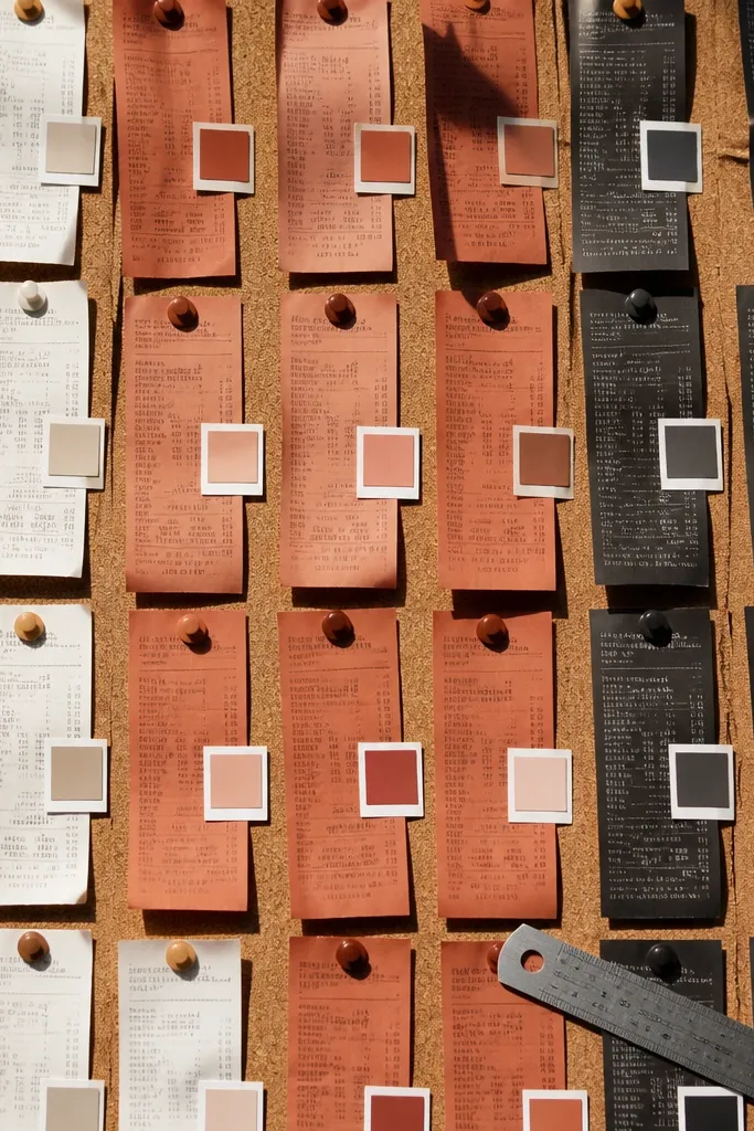 Board with receipt strips labeled and small color swatches glued in rows