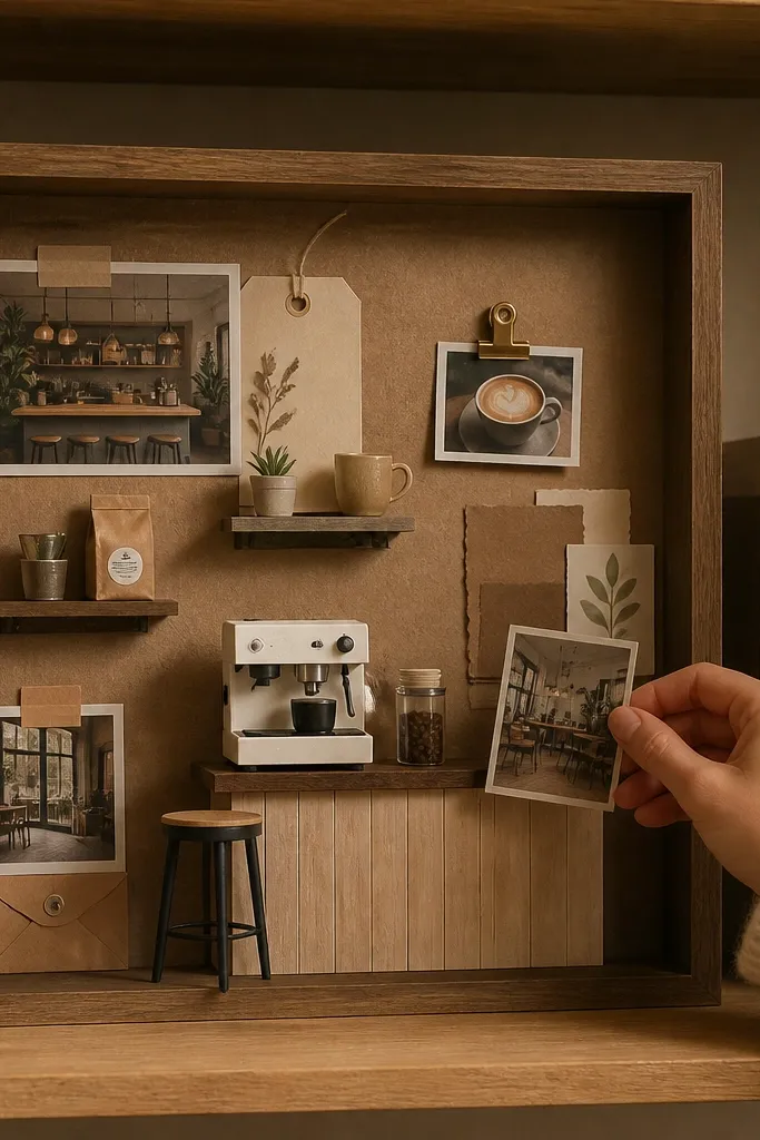 Shadow box with layered paper cutouts and small photos stacked for depth