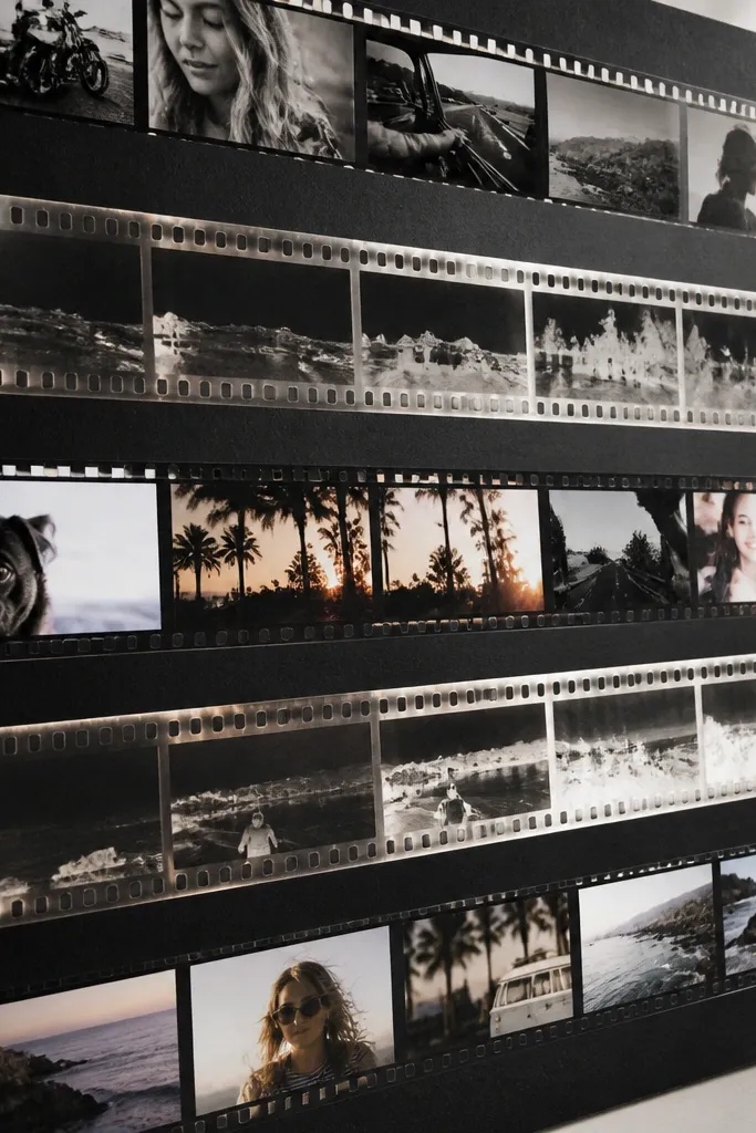 Board with strips arranged like film negatives in rows