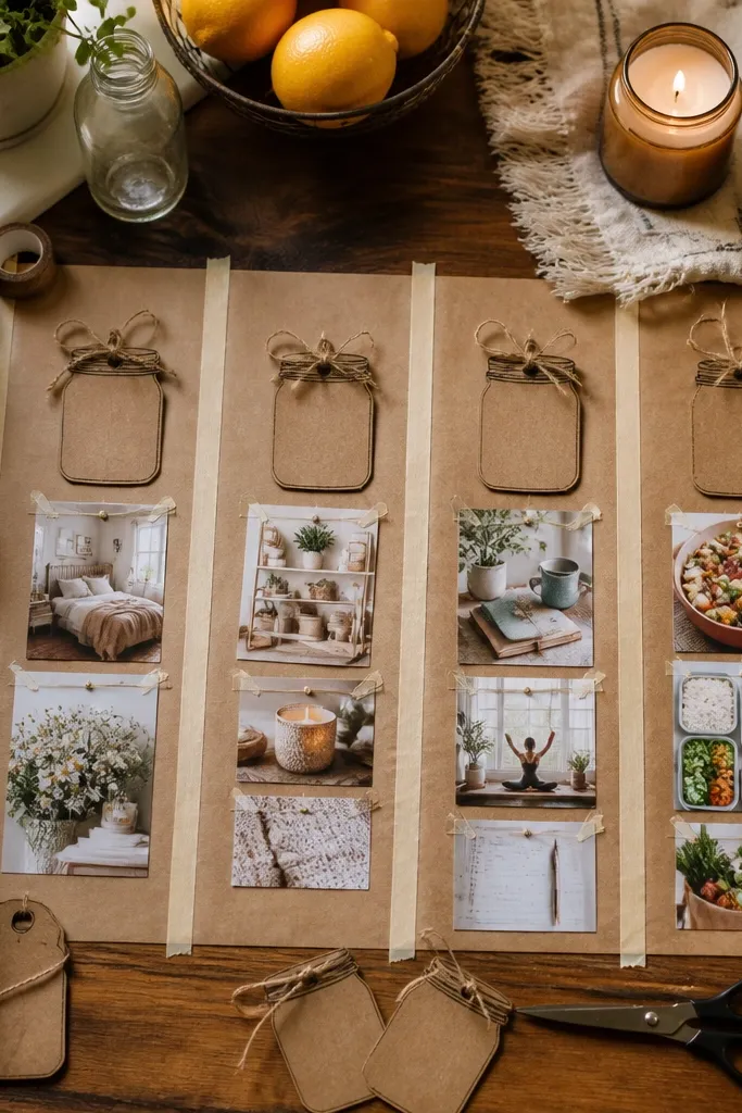 Kraft paper board with twine and mason-jar style labels over photos