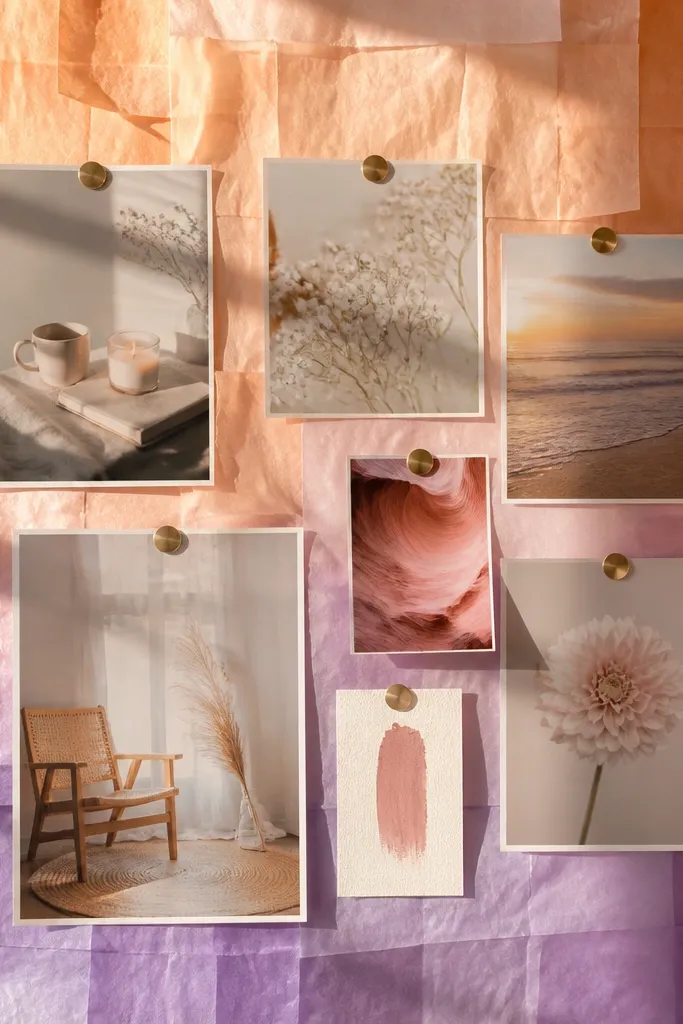 Ombre tissue paper panels layered behind photos on a board