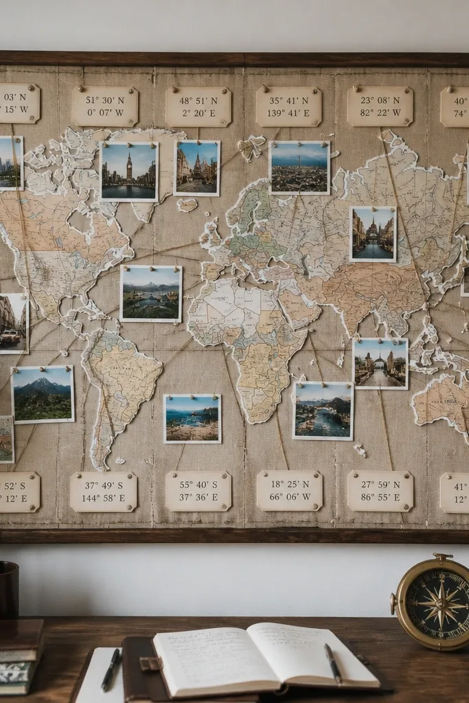 Board with torn map pieces and coordinate-style labels around photos