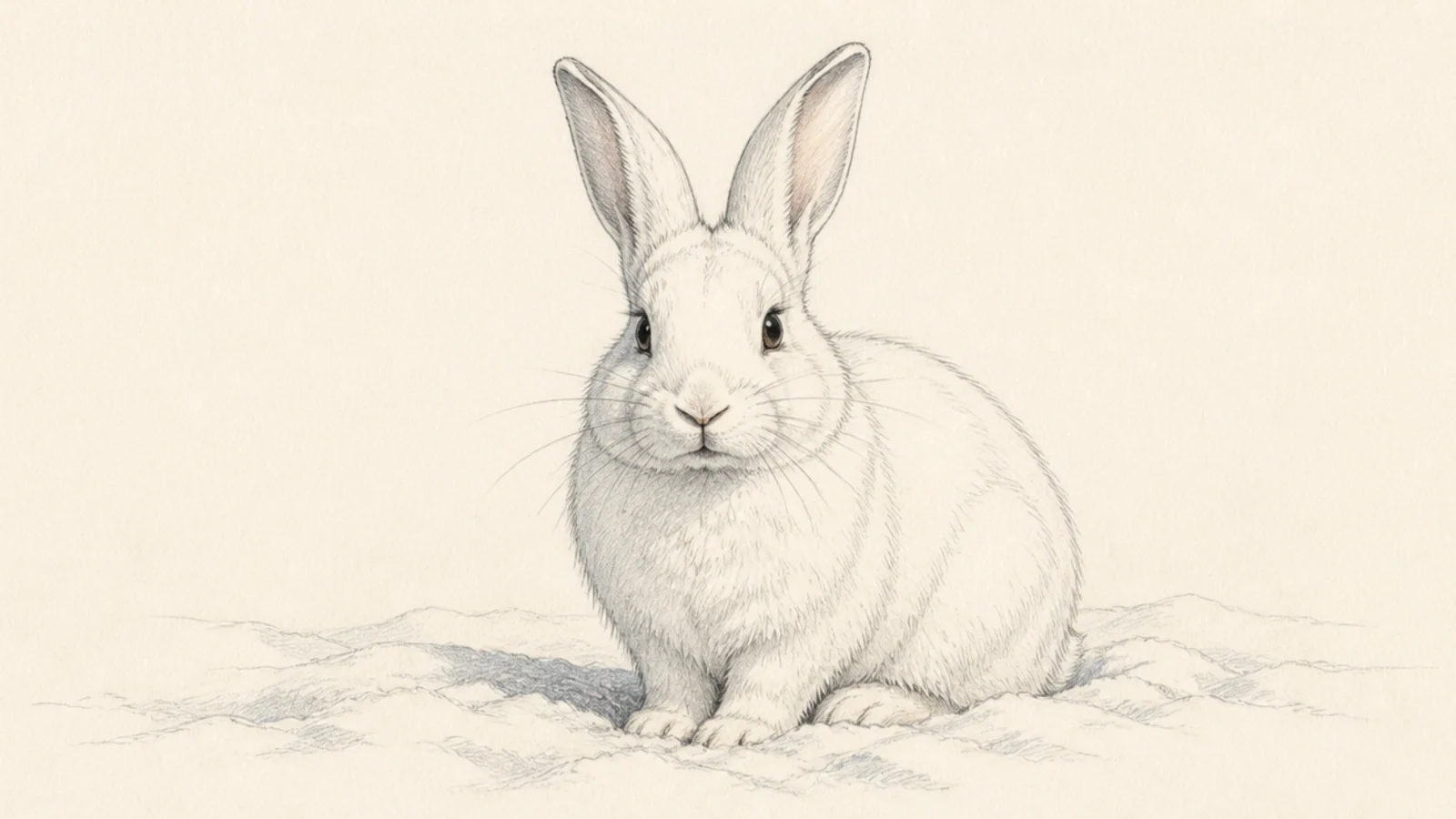A white rabbit sitting in snow, white on white