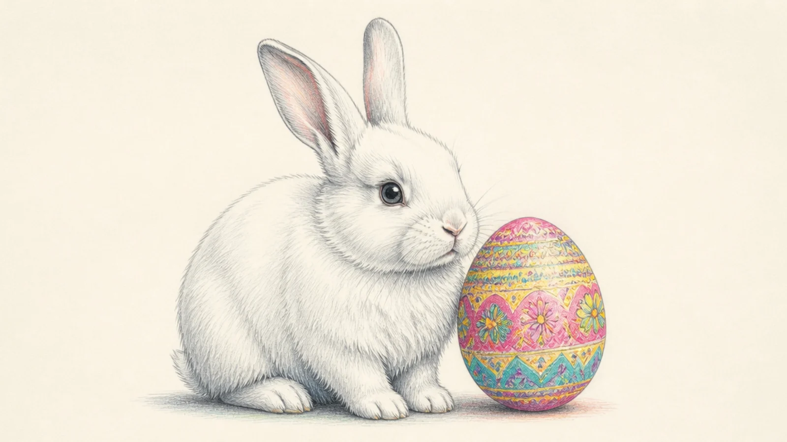 A white Easter bunny beside a decorated egg