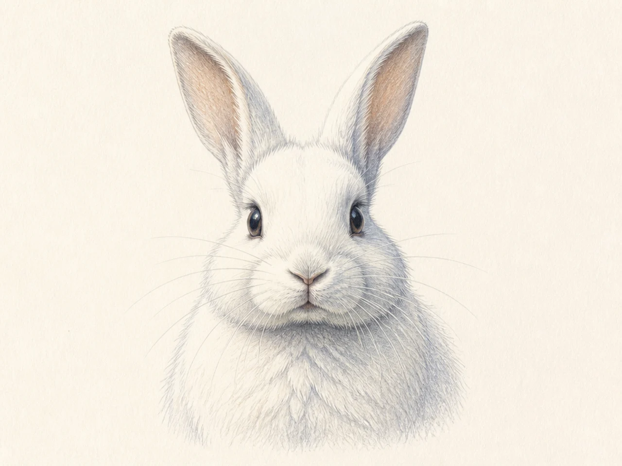 A soft portrait of a white rabbit's face and chest