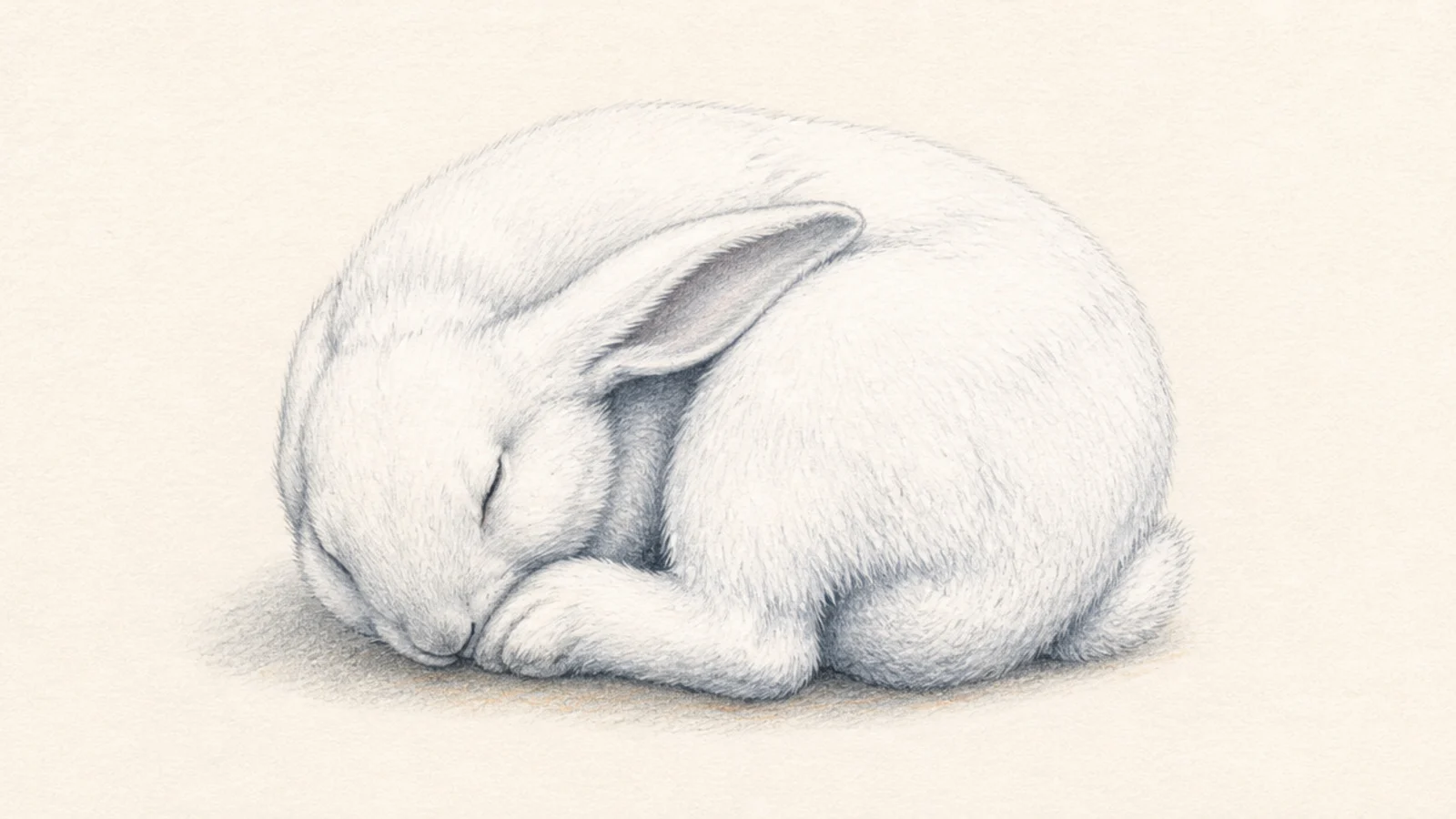 A white rabbit curled up asleep in soft shadow