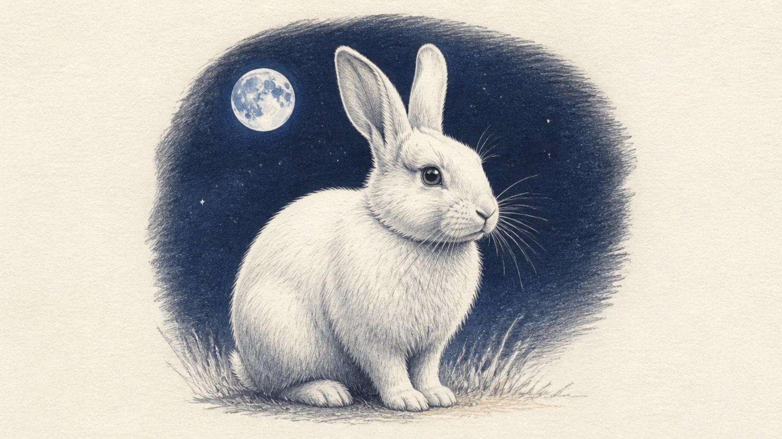 A white rabbit glowing softly under moonlight