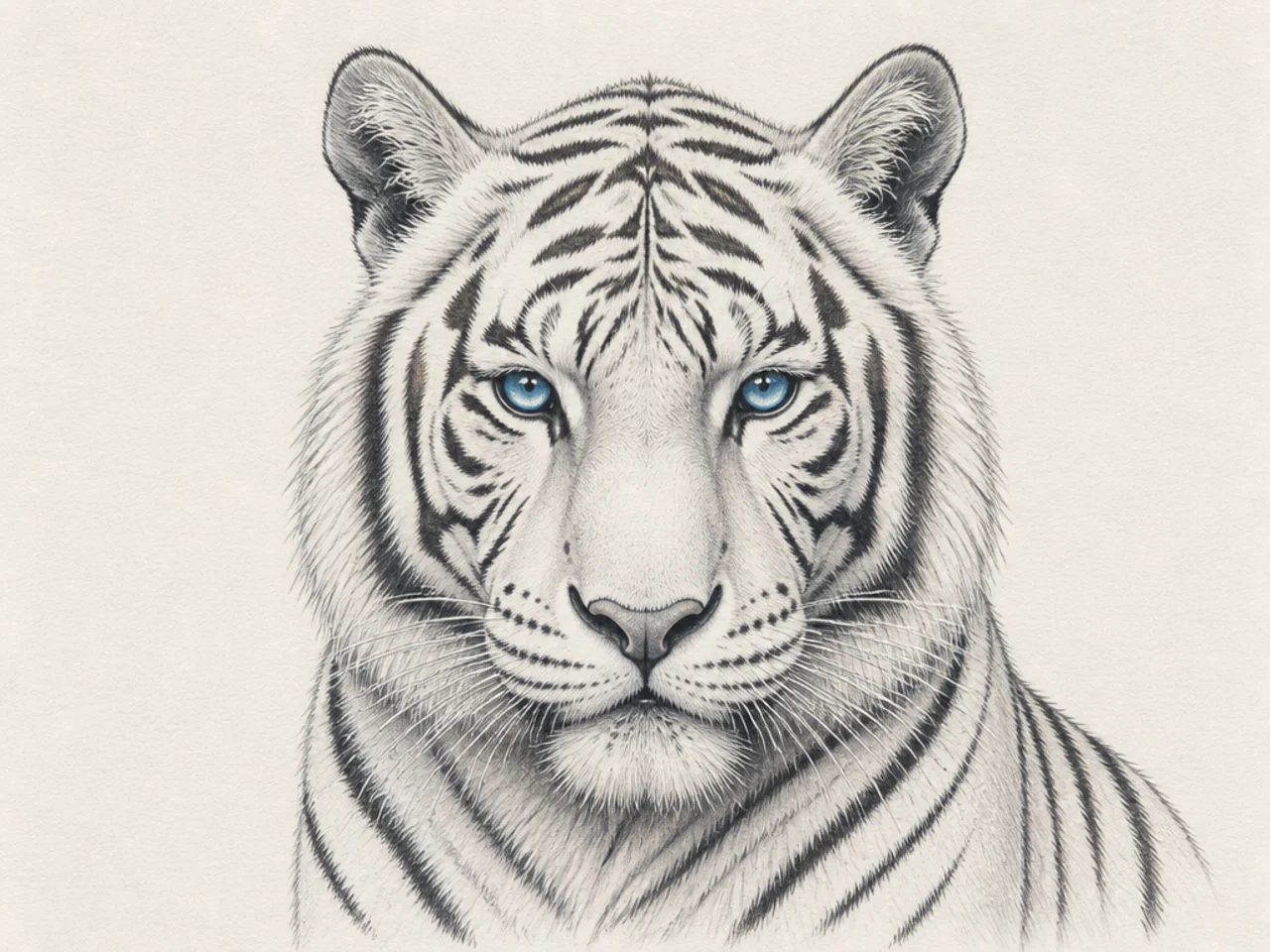 A calm white tiger portrait with icy blue eyes and grey stripes