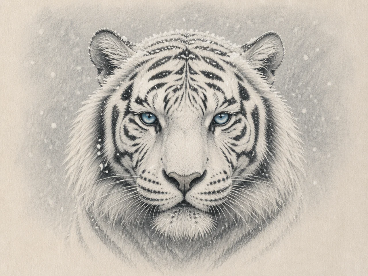 A white tiger face with snowflakes settling on its fur