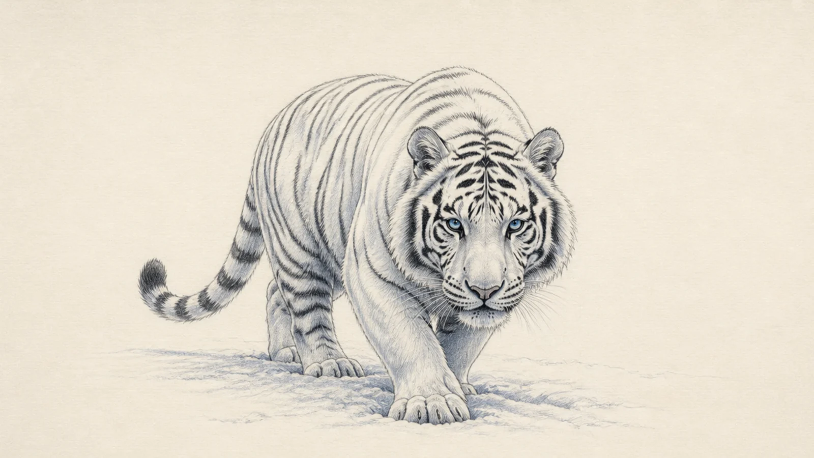 A white tiger prowling low across a snowy landscape