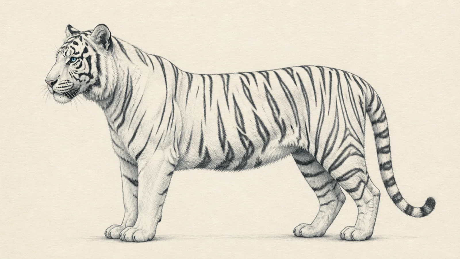 A white tiger standing proudly in full side view