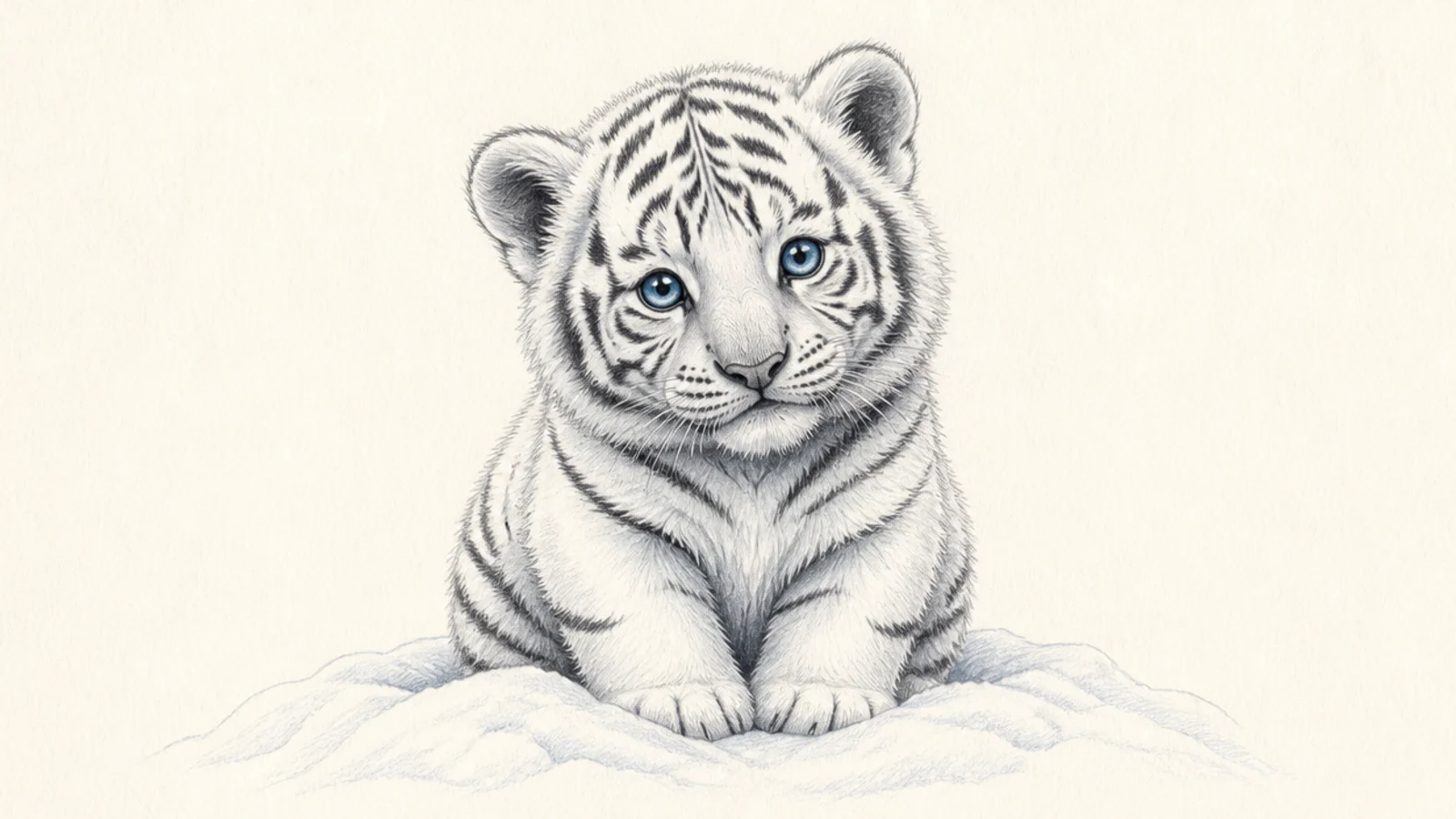 A fluffy white tiger cub sitting in snow