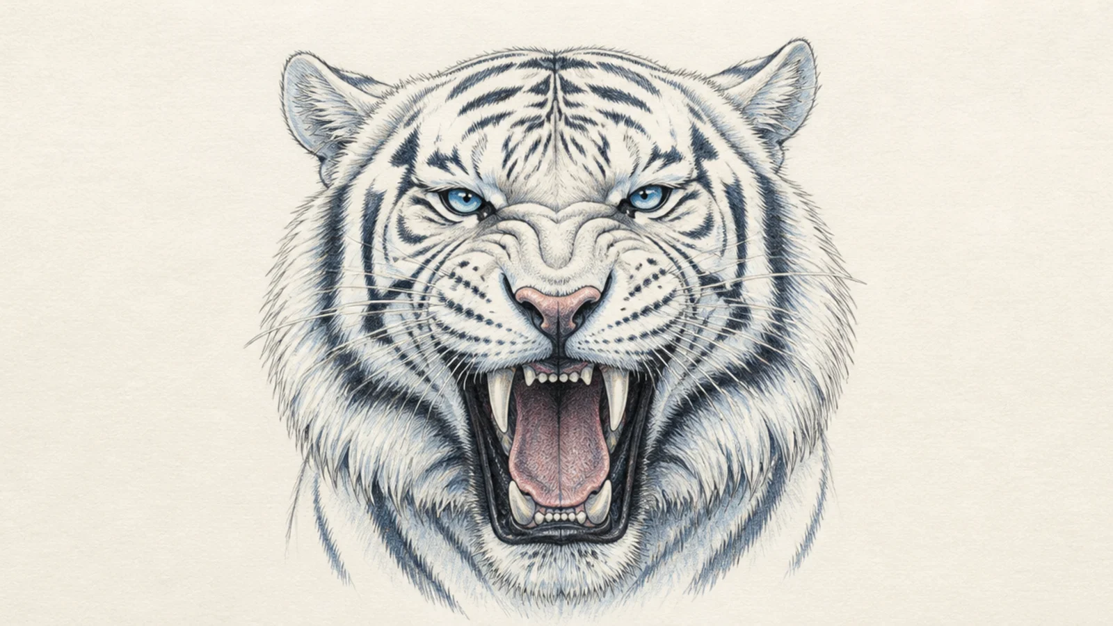 A white tiger mid-roar with an open mouth and blue eyes