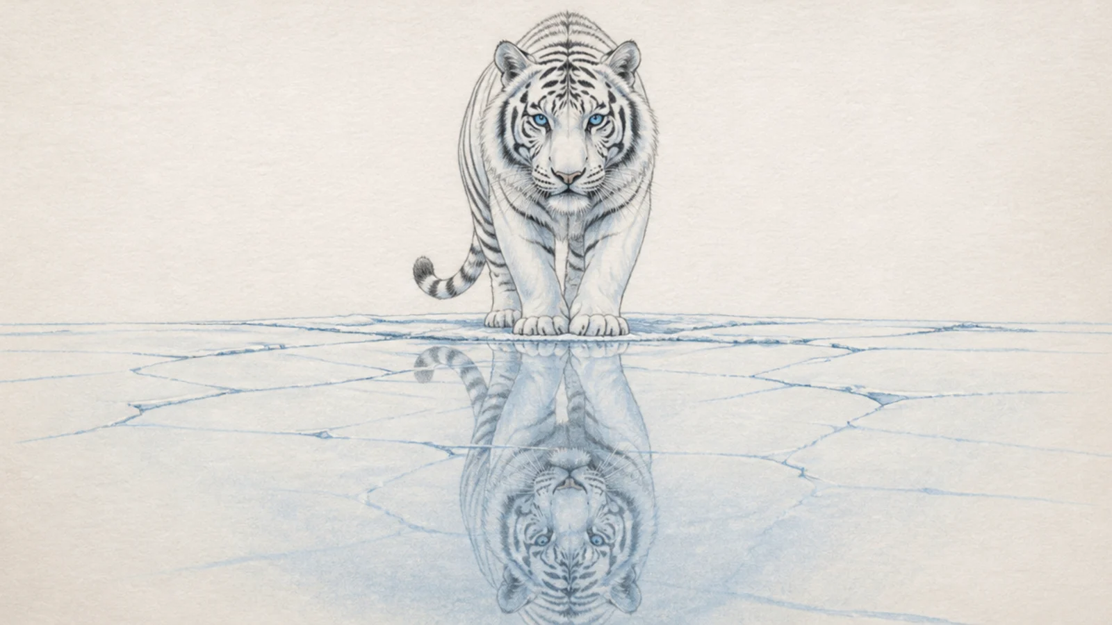 A white tiger mirrored on a sheet of ice below it