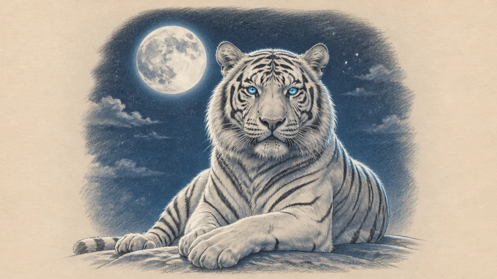A white tiger glowing under a full moon at night
