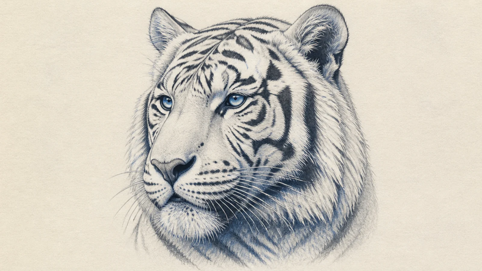 A white tiger face turned three-quarters with depth