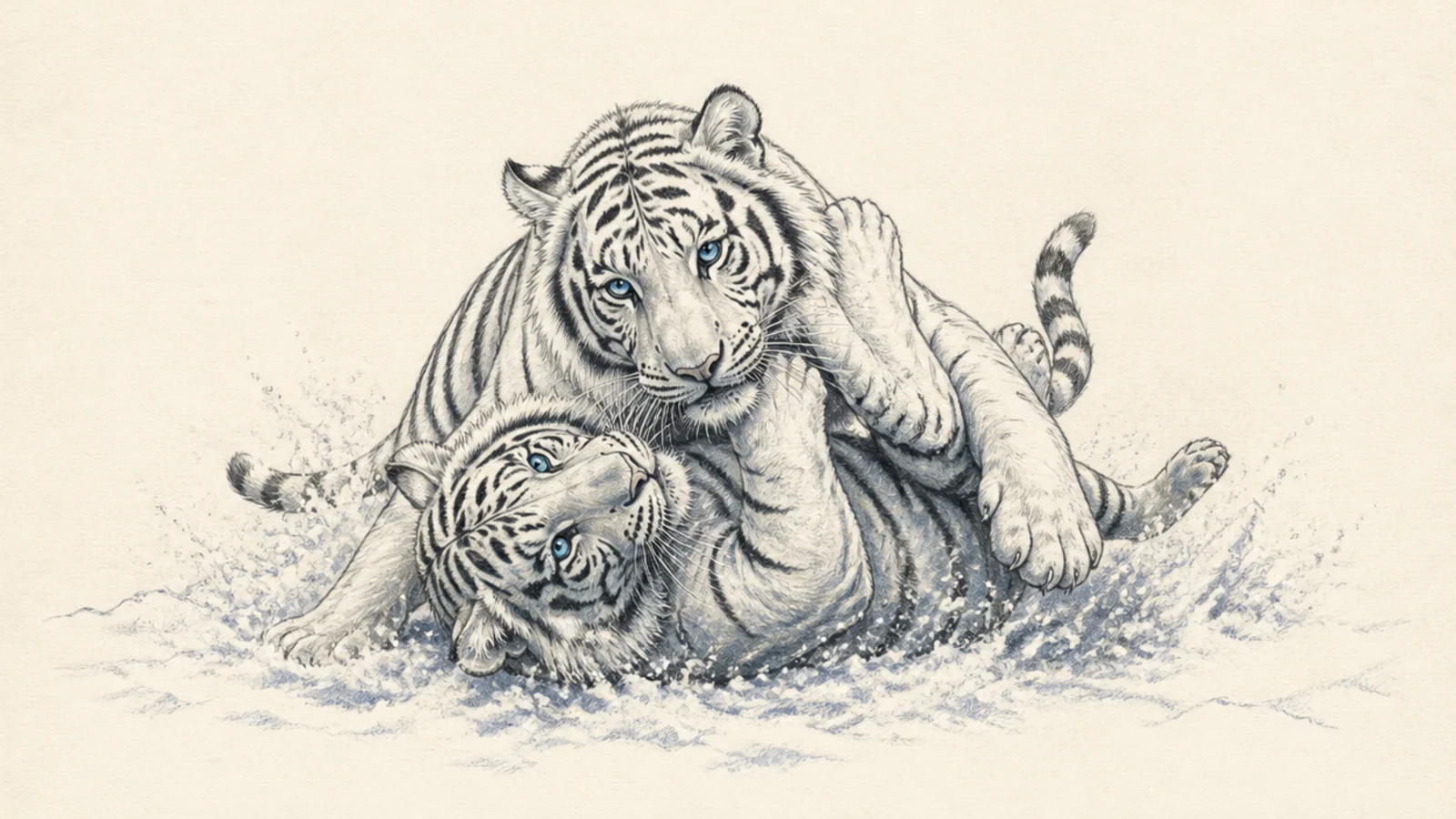 Two white tigers playing together in the snow