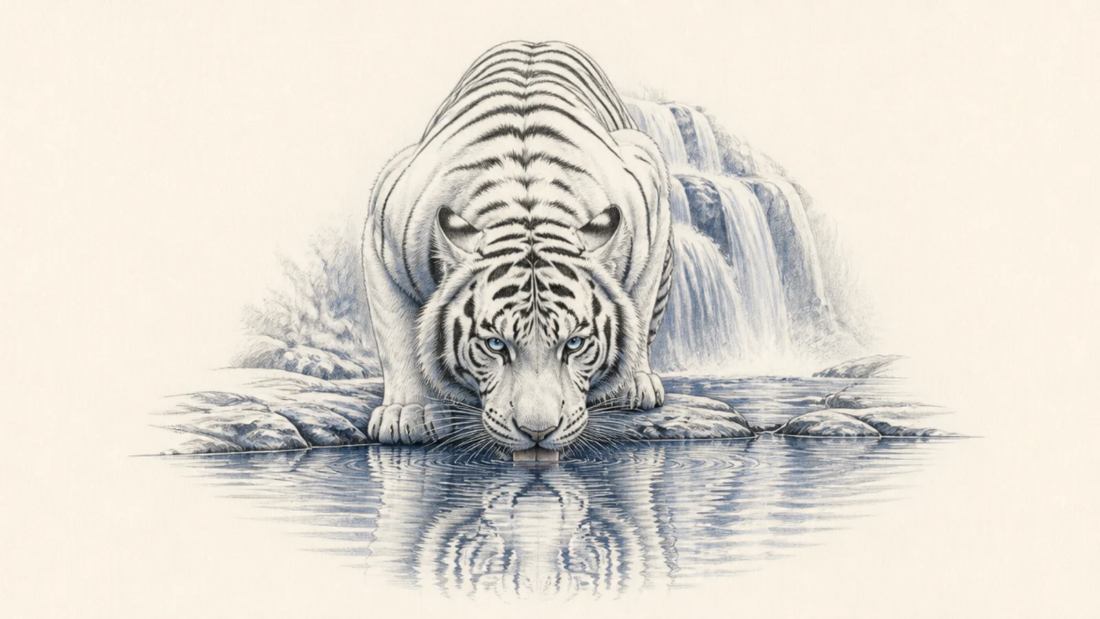 A white tiger drinking at a cool blue waterfall pool