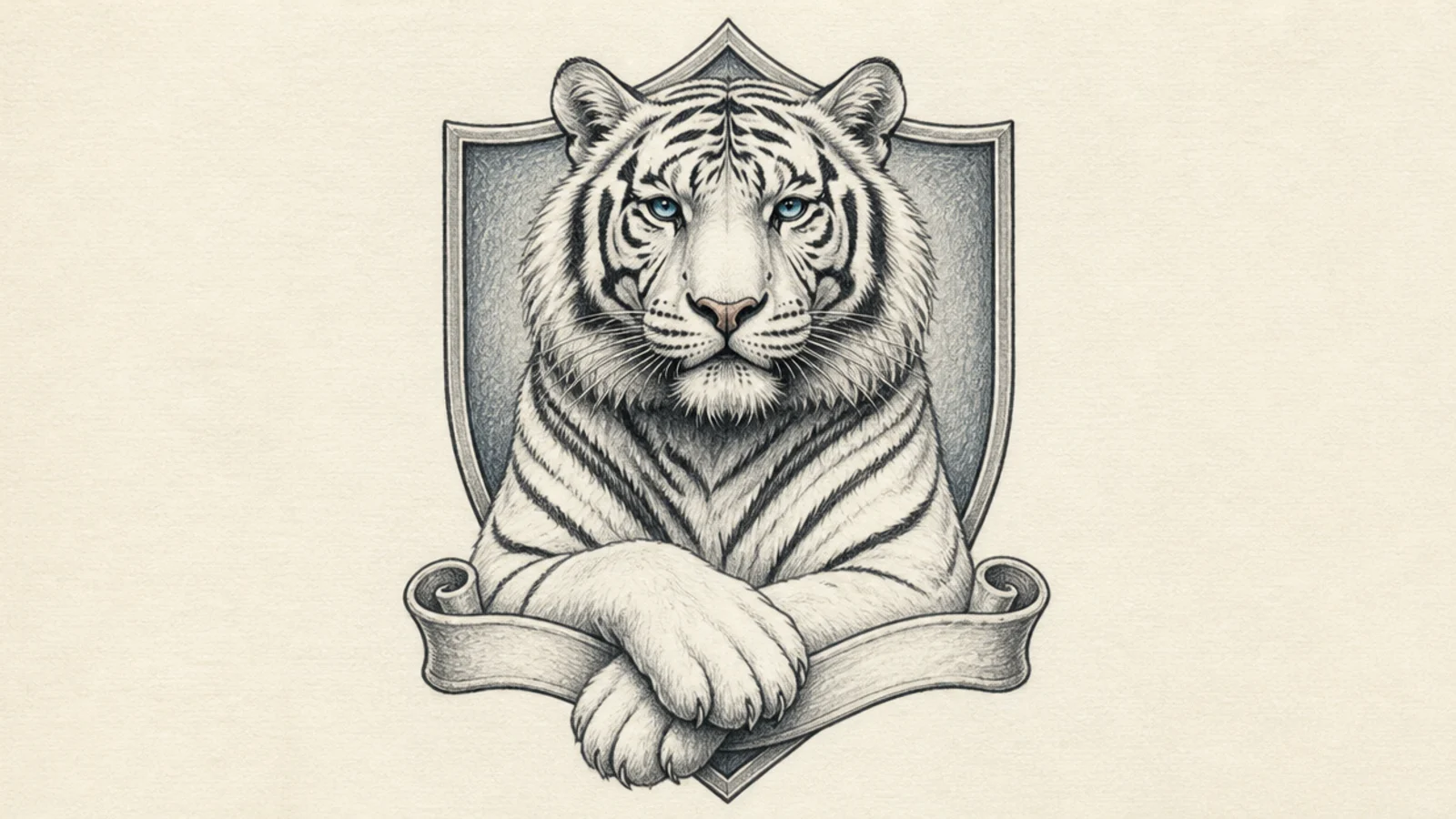 A stylized white tiger posed like a heraldic emblem