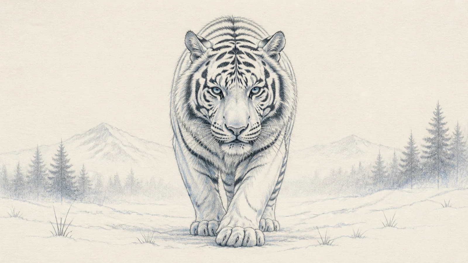 A white tiger in a full snowy landscape with pines and mist