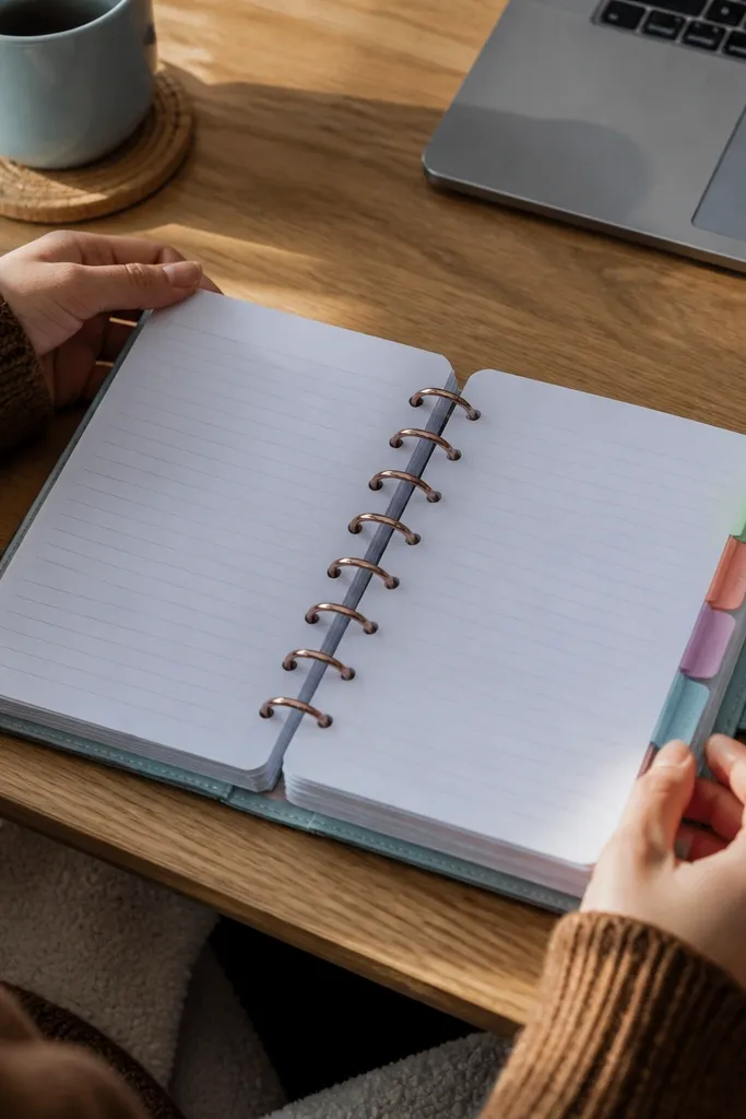 Disc-bound journal with five color tabs sticking from the pages