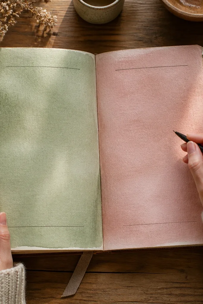 Notebook pages with a pale lavender watercolor wash background