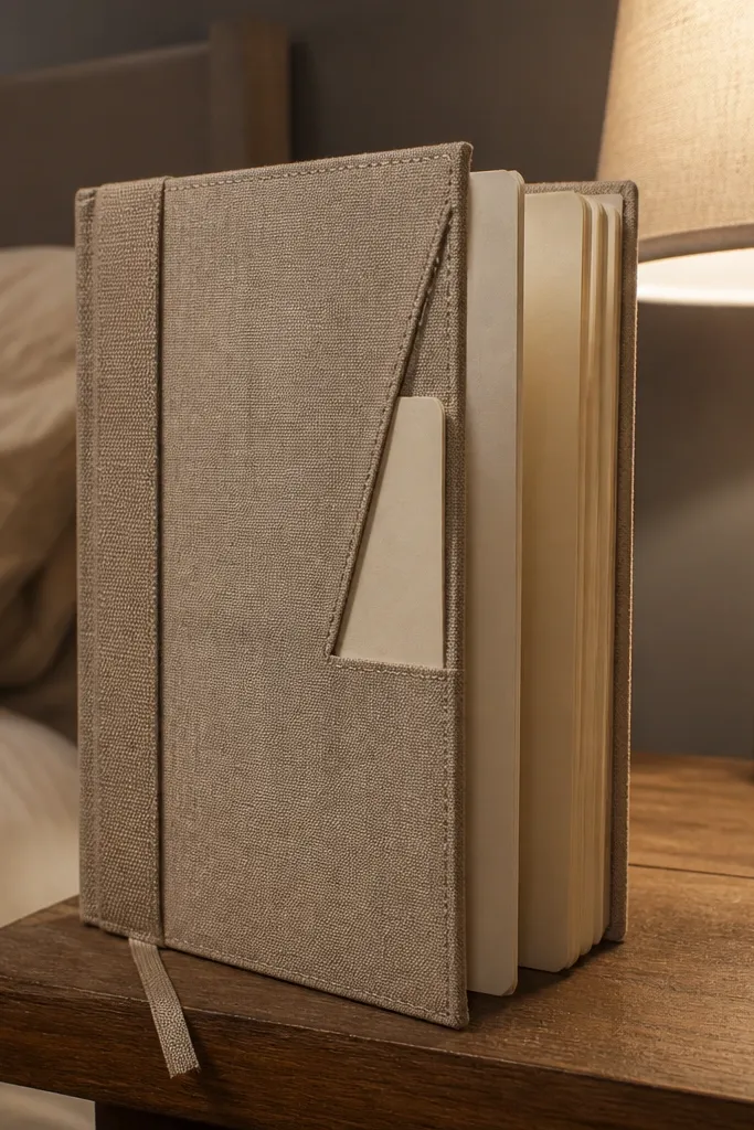 Fabric-wrapped notebook spine with a fabric bookmark and small hidden pocket
