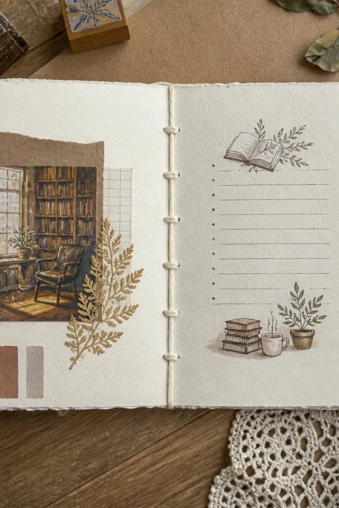 Hand-stitched pamphlet journal with visible cotton thread binding on the spine