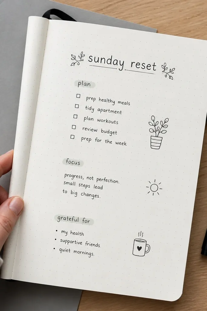 Journal spread with a neat dot grid and handwritten headings in the margins