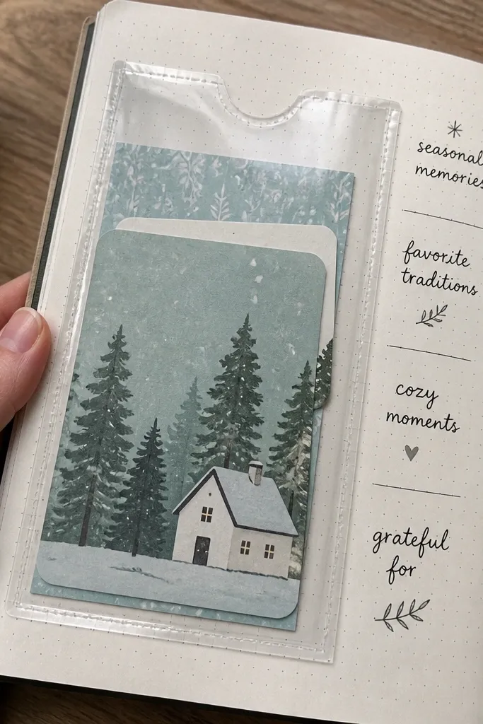 Journal page with transparent pockets holding small notes and ticket stubs