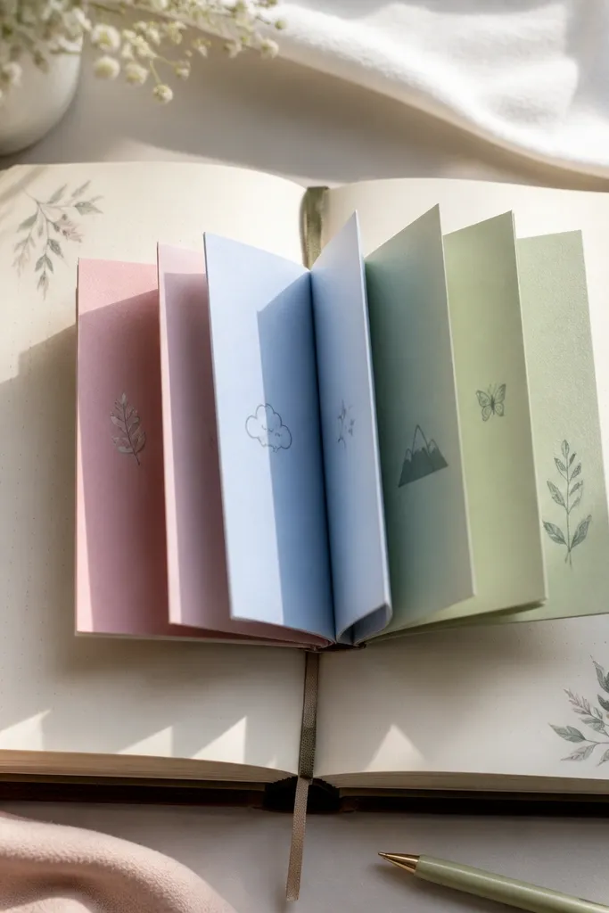 Accordion-fold mini insert in pastel colors tucked into a journal