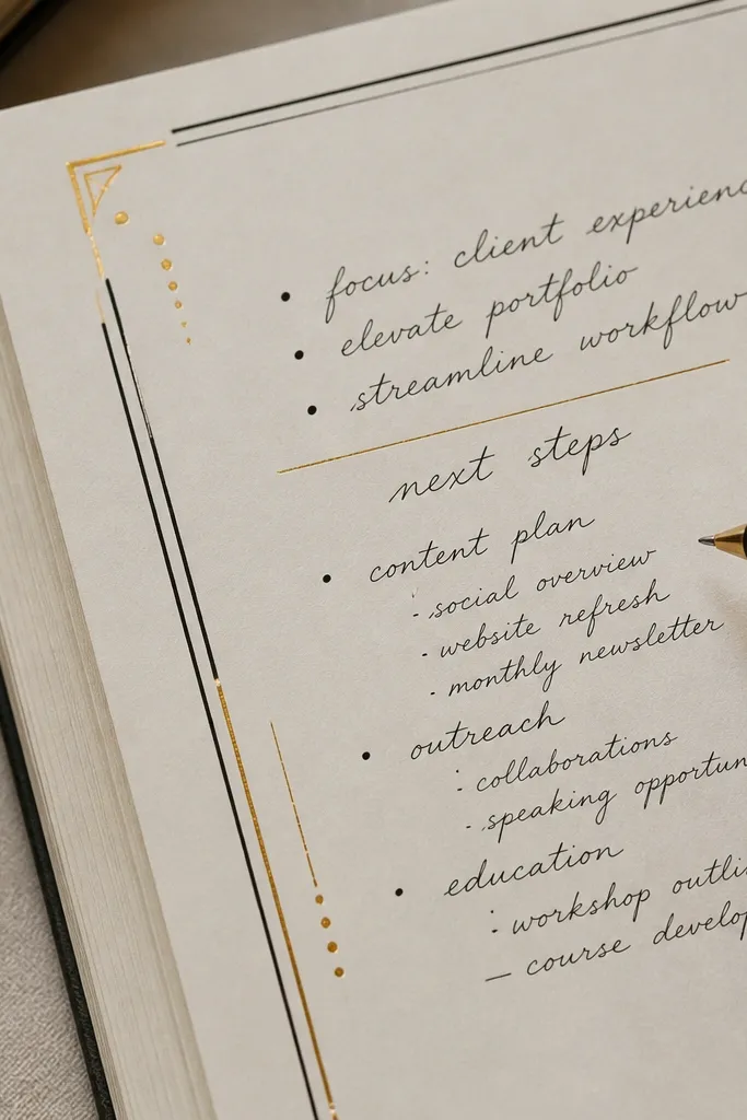 Black ink headings with thin gold foil lines on a journal page