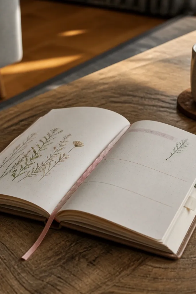 Journal with a satin ribbon bookmark and matching page tabs