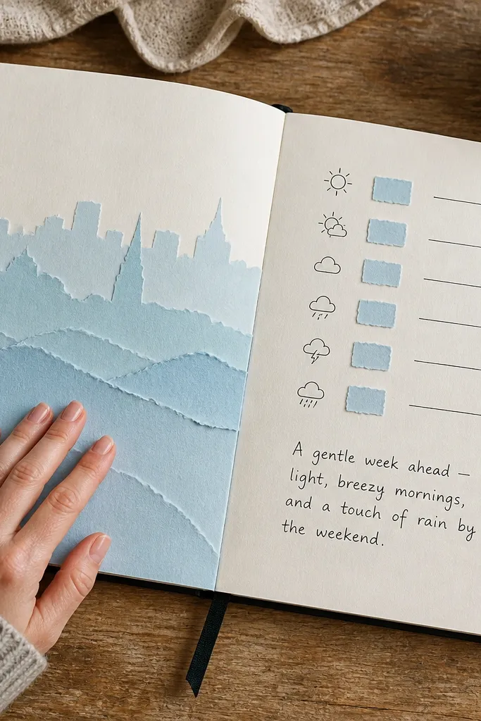 Torn paper skyline strip with a small weather tracker chart