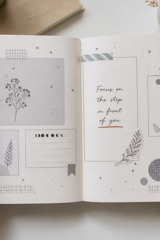 Monochrome sticker collage with one bright accent line in a journal