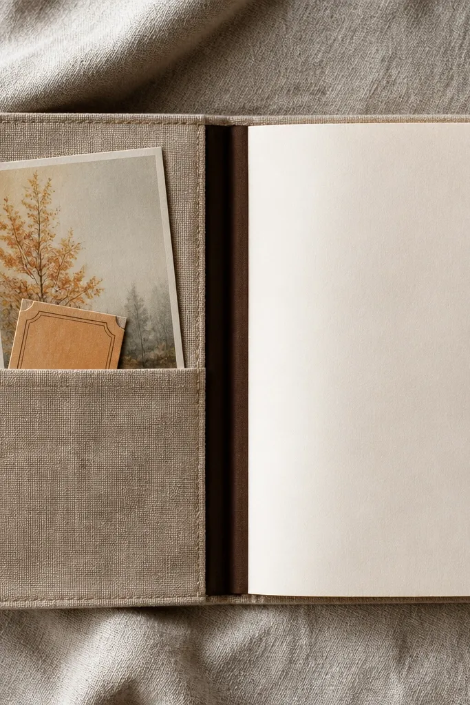 Fabric-covered journal with a stitched pocket holding small cards