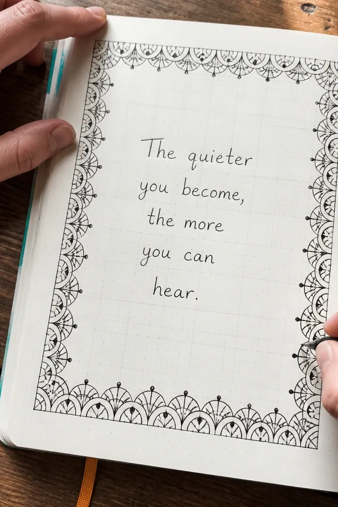 Hand-drawn lettered frame around a journal spread with light pencil grid