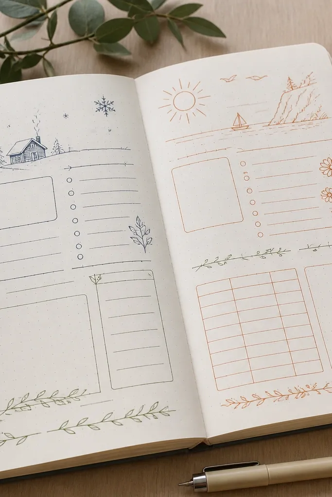 Journal spread with consistent pen style and seasonal ink colors for headings