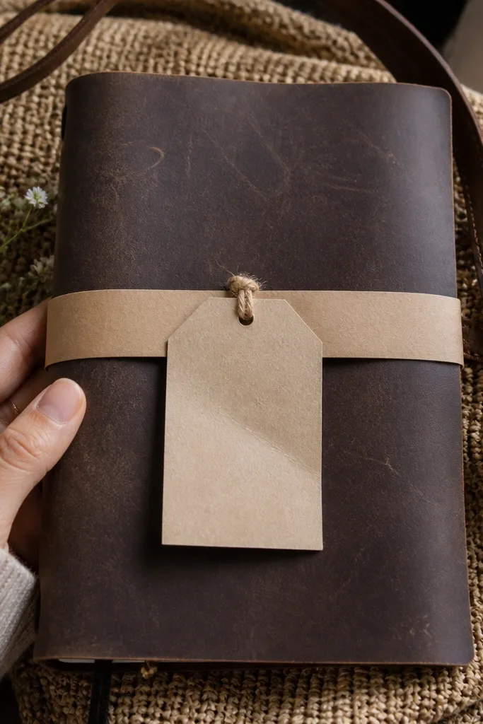 Kraft paper belly band around journal with a large hanging paper tag
