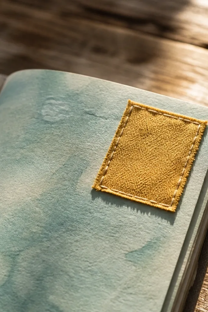 Small fabric swatch stitched to a journal corner with a simple handwritten heading