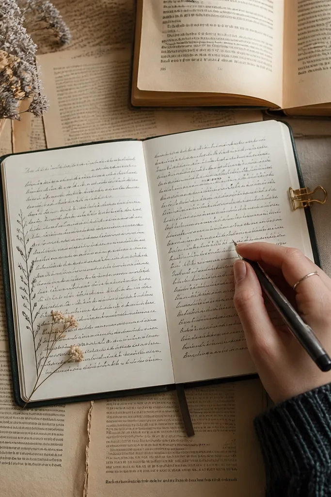 Journal page with vintage text paper backing and modern black pen writing over it