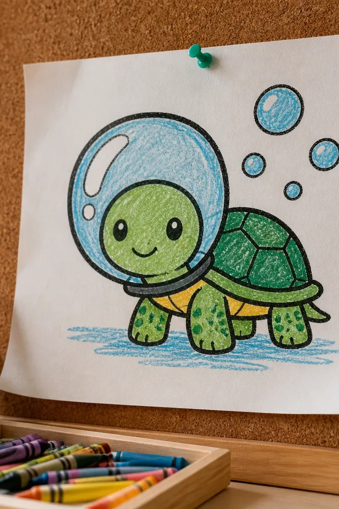 Baby turtle with a round shell, wearing a bubble-like helmet, with small bubbles around