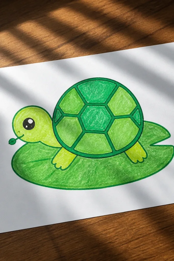 Baby turtle sitting on a green lily pad while holding a small leaf snack