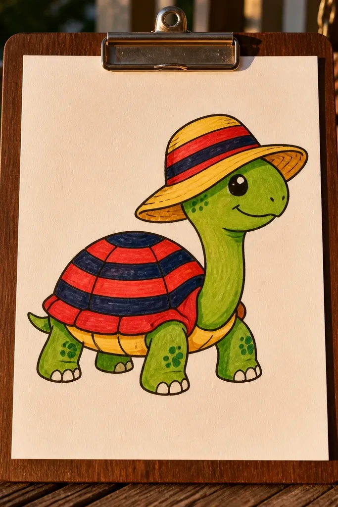 Baby turtle wearing a striped sun hat with a shell pattern