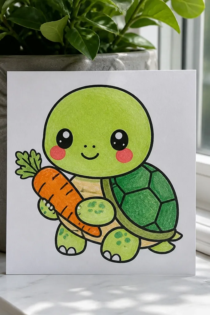 Baby turtle with rosy cheeks holding a small carrot