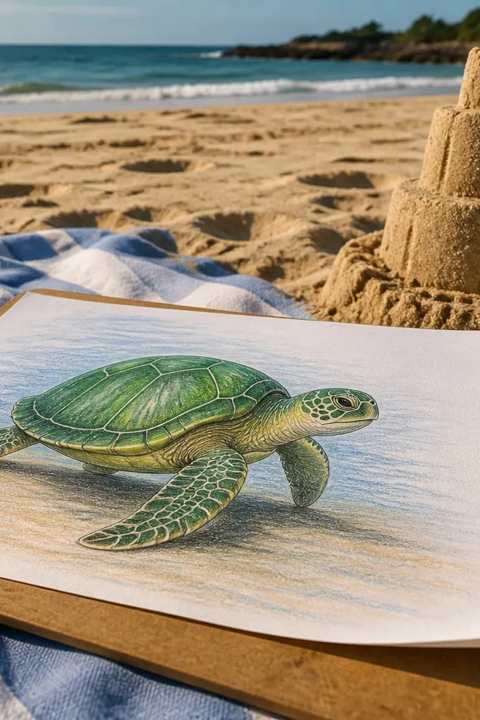Baby turtle near a small sand castle with a simple beach scene