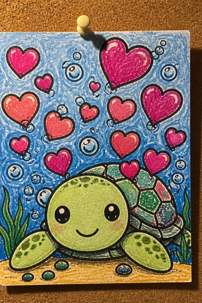 Baby turtle blowing heart-shaped bubbles with a simple shell pattern
