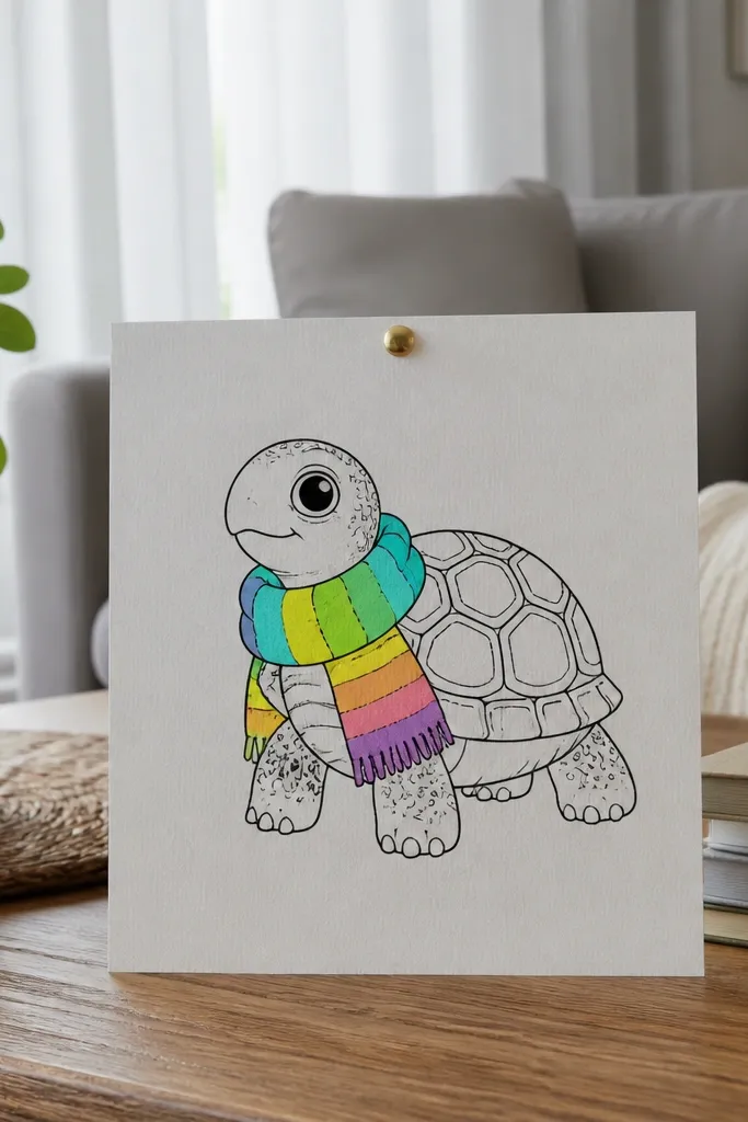 Baby turtle wearing a rainbow scarf flowing behind it